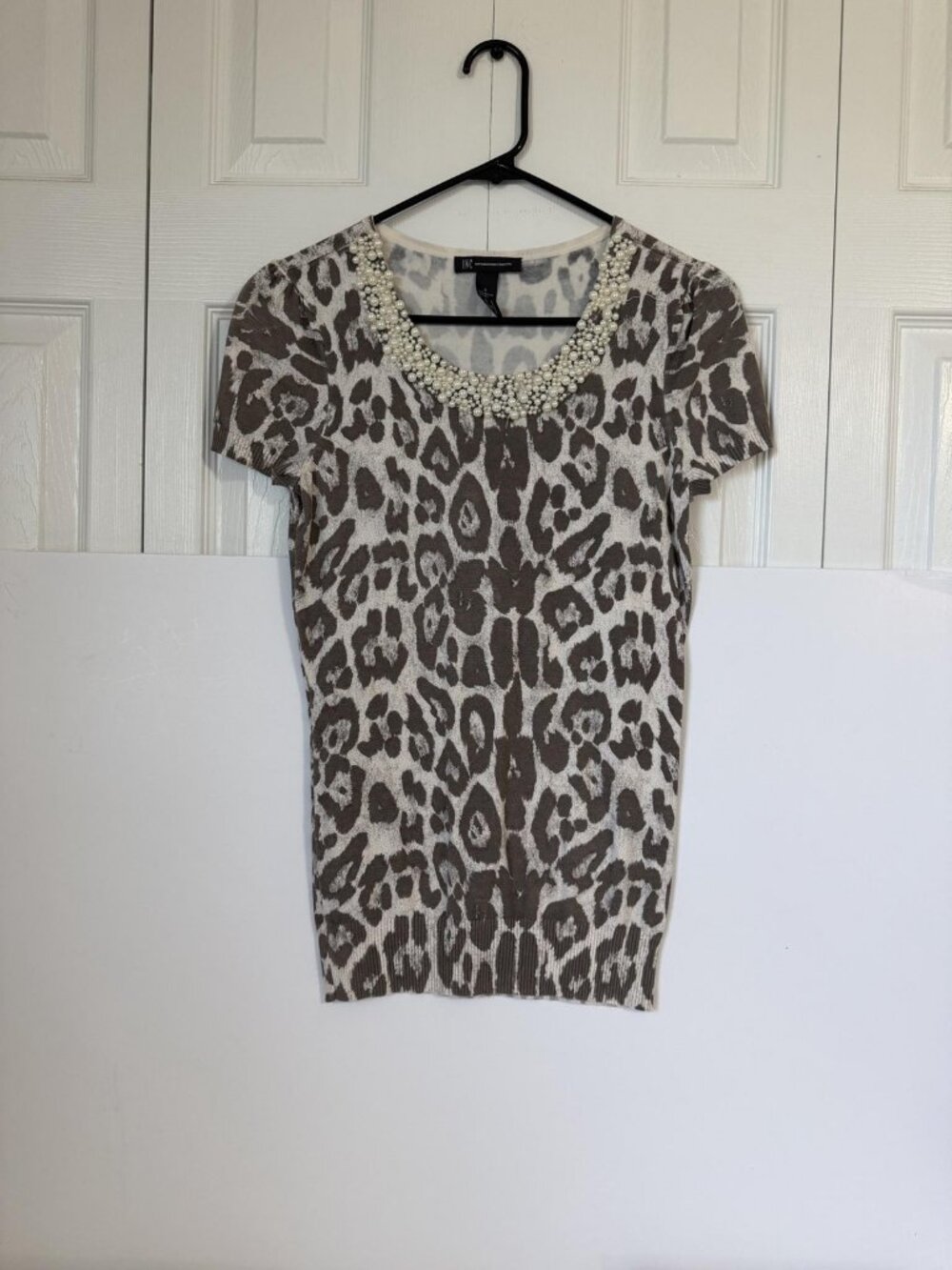 INC International Concepts Sweater Womens S Brown Animal Print Beaded Scoop Neck